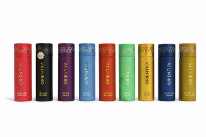 Row of colourful Orientica 6ml tubes on a white background