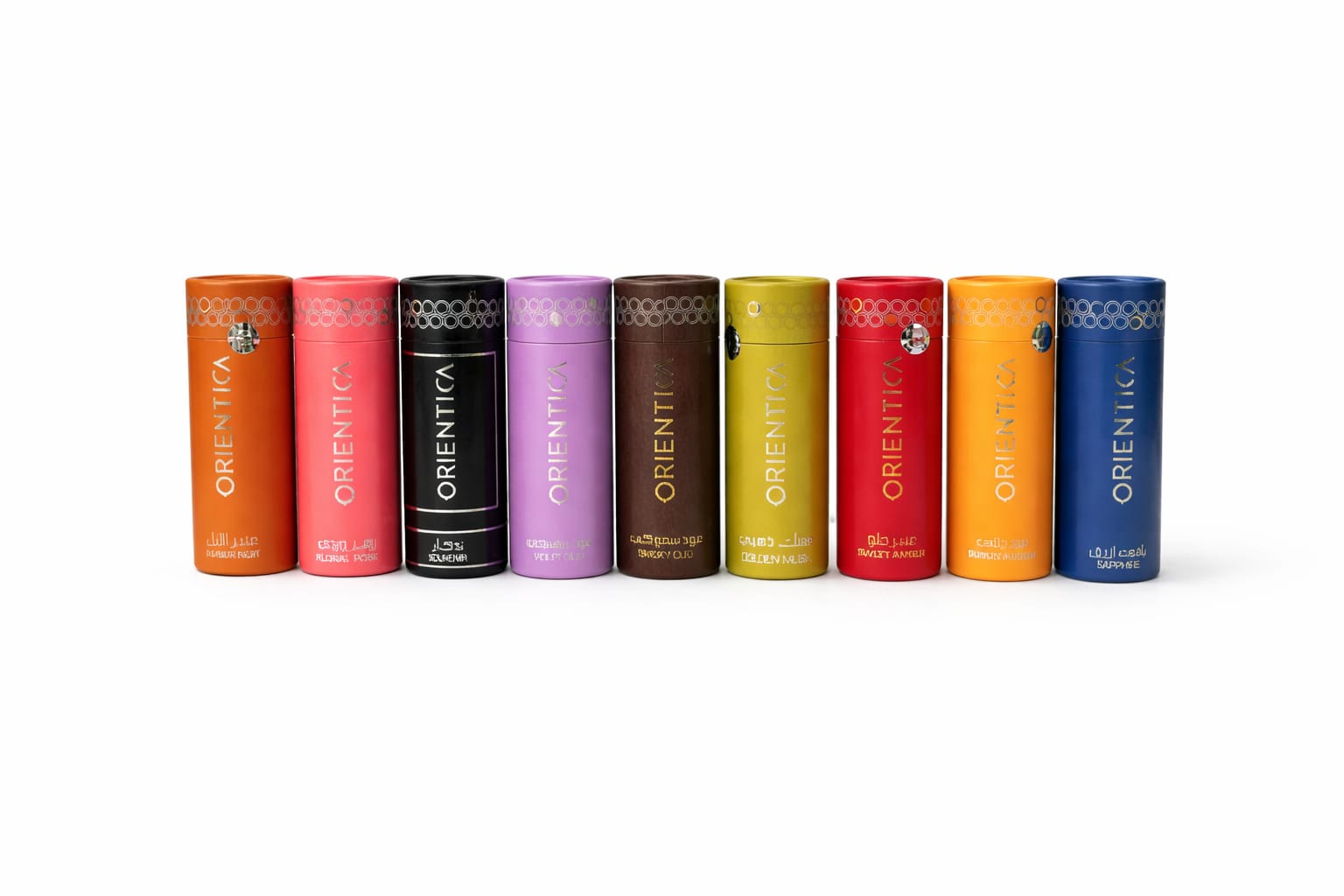 Row of colourful Orientica bottles on a white background